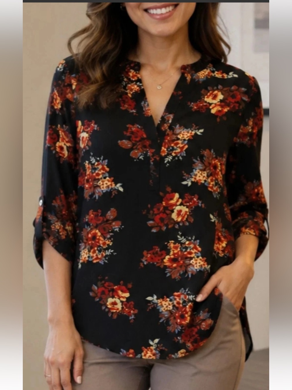 Like new Daniel Rainn Floral Black and Rust Blouse.